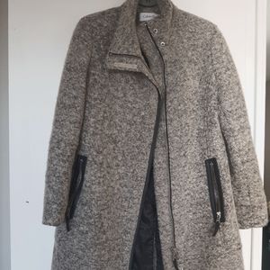 Calvin Klein High Collar Wool Coat with Leather Details